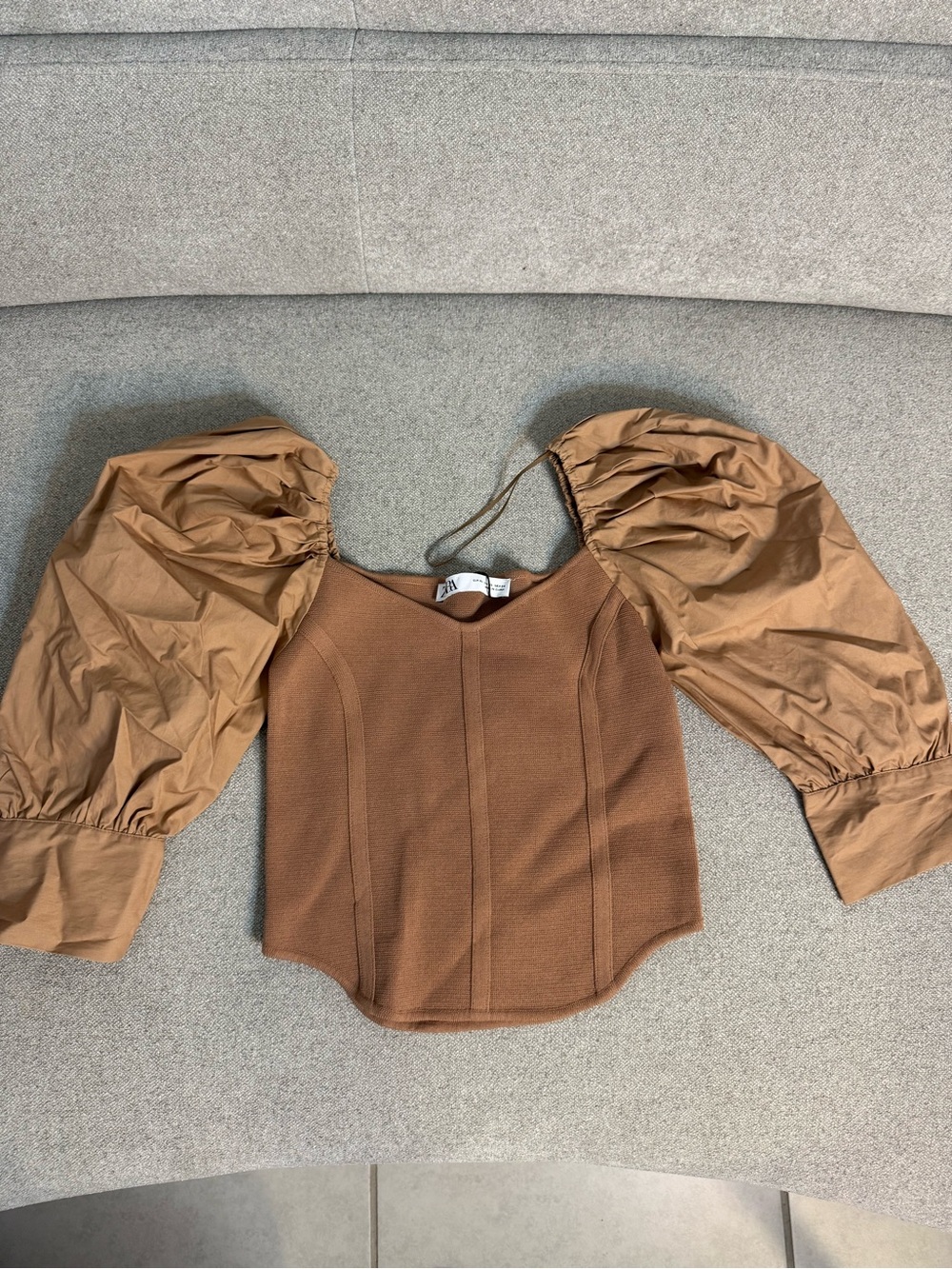 Zara Chestnut Brown Puff-Sleeve Crop Top